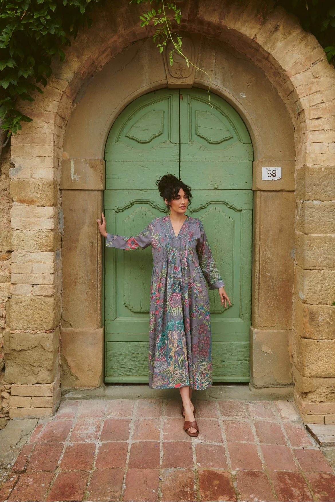 Boho Garden Grey Pinch Pleat Dress