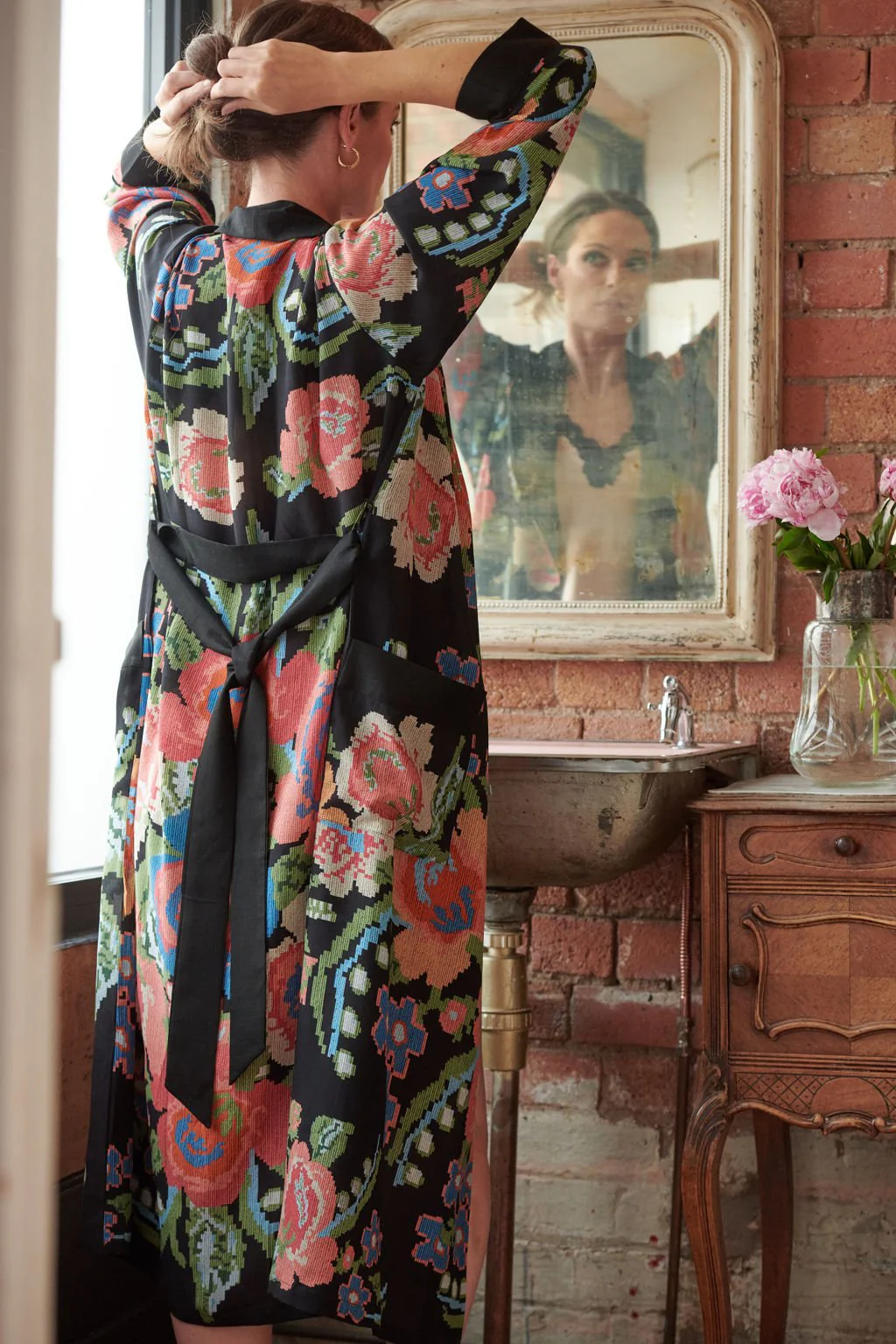 Woven Flower Black Crepe Gown - Image 3